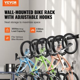 VEVOR Bike Storage Rack, 6 Bike Racks and 5 Helmets Hooks, Wall Mount Bike Storage Hanger, Home & Garage Organizer