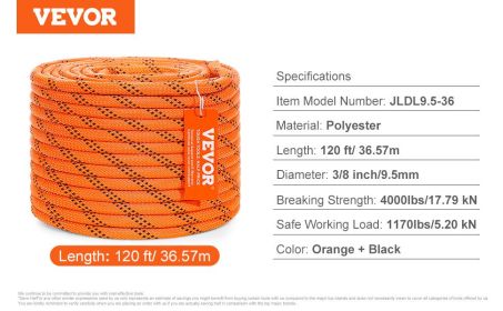 VEVOR Double Braided Polyester Rope, for Rock Hiking   Rappelling Rescue,