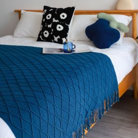 SOGA Royal Blue Diamond Pattern Knitted Throw Blanket  with Tassels