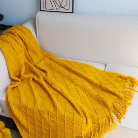 SOGA Yellow Diamond Pattern Knitted Throw Blanket  with Tassels