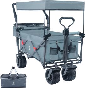 Collapsible Wagon Heavy Duty Folding Wagon Cart with Removable Canopy, 4" Wide Large All Terrain Wheels, Brake, Adjustable Handles