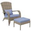 Outsunny Patio Wicker Adirondack Chair with Ottoman, Outdoor Fire Pit Chair with Cushions, High-Back, Large Seat & Armrests for Deck