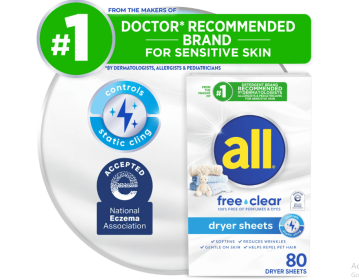 all Fabric Softener Dryer Sheets for Sensitive Skin, Free Clear, 80 Count