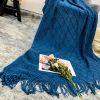 SOGA Royal Blue Diamond Pattern Knitted Throw Blanket  with Tassels
