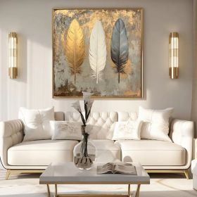 Abstract Golden Feather Oil Painting on Canvas Original White Feather painting Large Wall Art,Custom Modern painting Living Room Decor Gift (style: 01, size: 100x100cm)