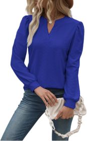 Women's top, shirt, casual shirt, bubble long sleeved waistband, V-neck (Color: SAPPHIRE, size: S)