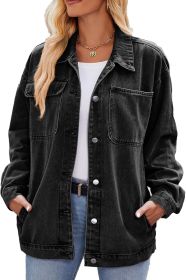 Women's denim jacket long sleeved fashionable button denim jacket with pockets (Color: BLACK, size: M)